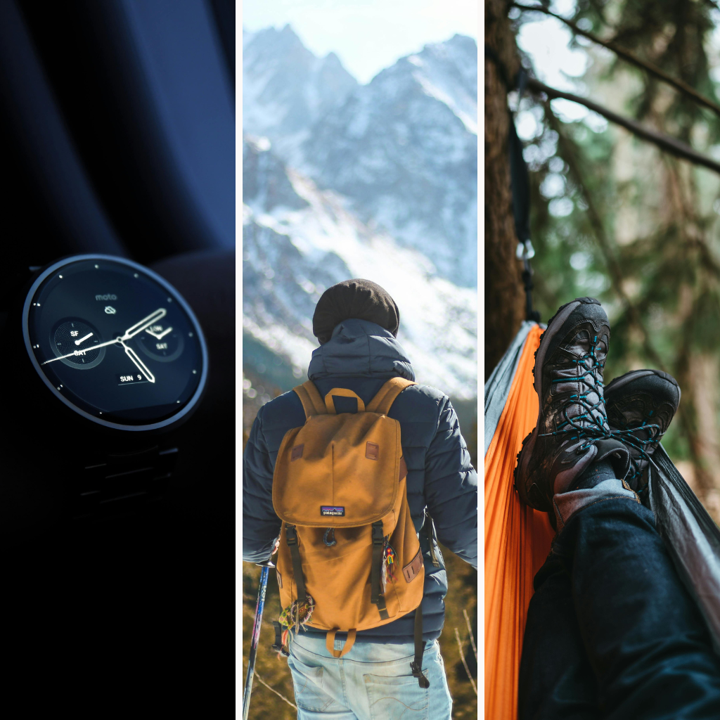 smart watch, hiking gear and hiking shoes