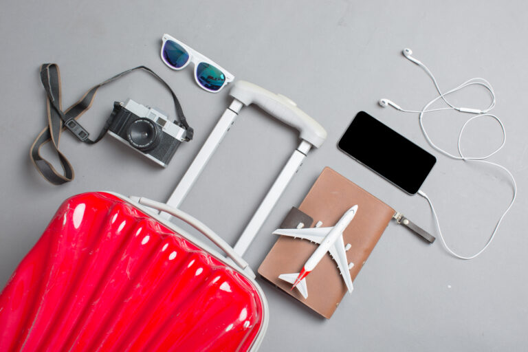 suitcase with traveler accessories and power bank